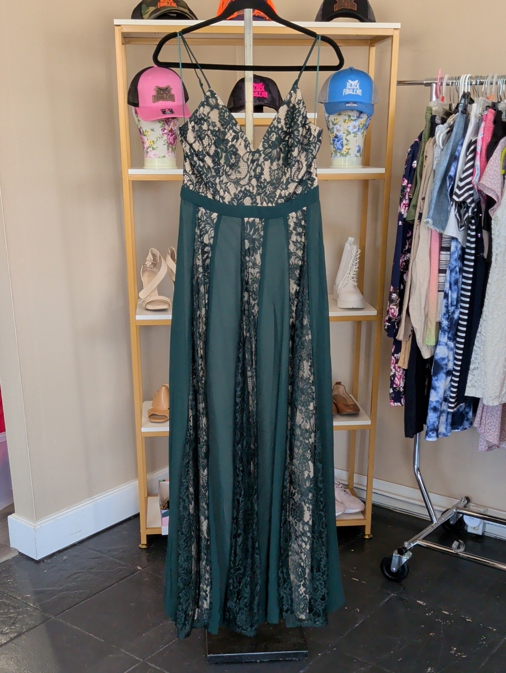 Hunter Green and Cream Lace Maxi Dress